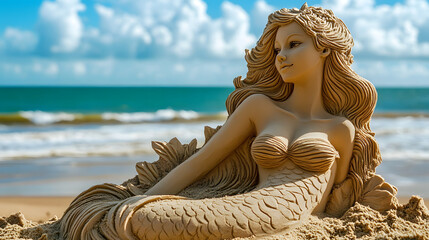 a sand sculpture of a mermaid on the beach