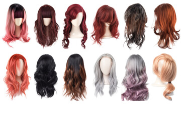 Sticker - Diverse collection of stylish wigs with trendy designs, each isolated on a white background, offering a glimpse into modern hair fashion