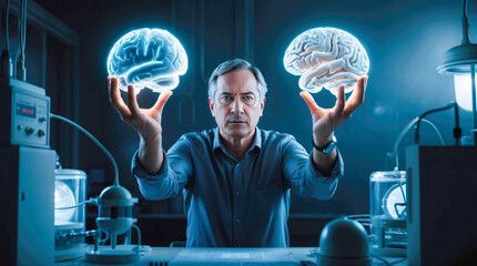 A cinematic photo of a middle-aged man in a dimly lit laboratory, holding two holographic brains, symbolizing scientific research and innovation