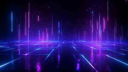 Wall Mural - Futuristic neon lights creating a digital cyber space atmosphere with glowing grids and vibrant colors, perfect for tech and digital themes.