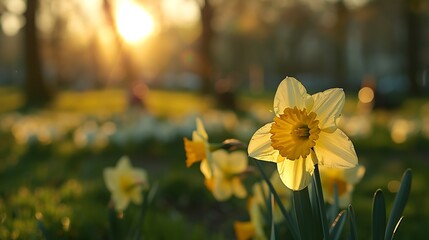 Wall Mural - Blooming Daffodils in public park of Glasgow Scotland during springtime : Generative AI