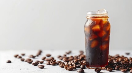 Aufkleber - Americano ice coffee and coffee bean out of bottle on white background with isolate concept : Generative AI