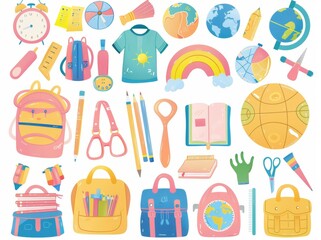 Wall Mural - Collection of back-to-school supplies for children. Cute modern cartoon illustration in a colorful design