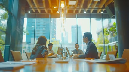 Fototapete - Office expert and business people in meeting teamwork and planning with feedback for funding proposal Accounting broker and employees with conversation review finances and trading with : Generative AI