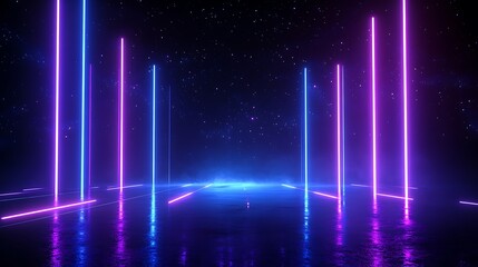 Futuristic neon lights in blue and purple hues creating a vibrant sci-fi backdrop with a reflective floor and starry sky.