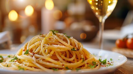 fresh bronzedrawn spaghetti and a sprinkling of parsley and Cilento oil with a glass of wine in a luxury Italian restaurant : Generative AI