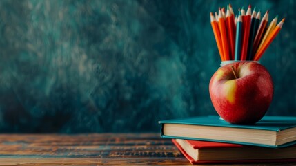 Wall Mural - The stack of books and pencils is placed on a school table next to a blackboard.