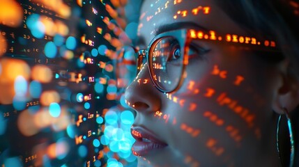 Poster - Software coding hologram and woman in data analytics information technology and gdpr overlay Programmer or IT person in glasses reading script programming and cybersecurity research on : Generative AI