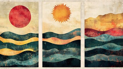 Set of three abstract landscape art panels with sun and waves