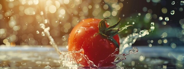 Fresh tomato splashing in water with bokeh light effect