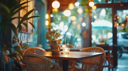 Leinwandbilder - Blurred restaurant or cafe background Tables and chairs in the lobby of restaurant Visitors to restaurant for dinner Cozy bokeh lightening Beautiful bright interior Blurred bokeh basic : Generative AI