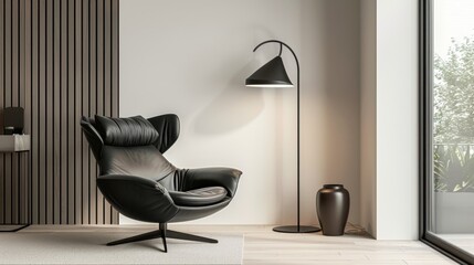 Sticker - A light black armchair in a contemporary living room, paired with a modern floor lamp