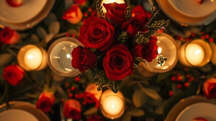 Wall Mural - Candlelight dinner setup for couple on Valentines day Decoration flowers decor candles details closeup Romantic date Location for surprise marriage proposal Table setting in restaurant : Generative AI