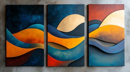 Set of three abstract geometric art panels with waves