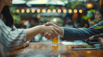 Aufkleber - Business people negotiation and handshake for deal agreement or partnership in office Shaking hands closeup and hiring offer for recruitment b2b collaboration or data analyst at table  : Generative AI