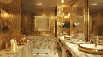 A luxurious golden bathroom with marble countertops and gold fixtures, exuding opulence