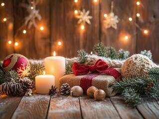 on a wooden table dusted with artificial snow, with two burning candles.