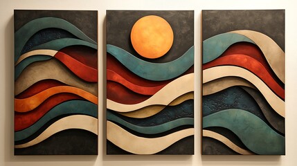 Set of three abstract geometric art panels with waves