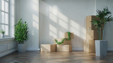 Interior of new house or apartment on moving day Empty living room with white and light gray walls unpacked cardboard boxes green plant and laminate flooring Banner background Real est : Generative AI