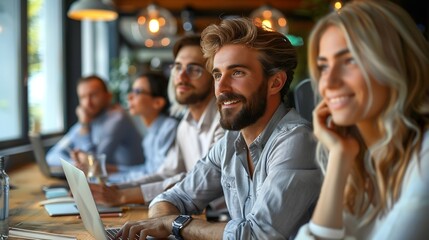 Aufkleber - Group of young business people using laptop having a meeting or presentation and seminar in the office : Generative AI