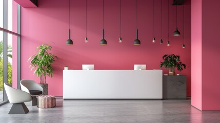 A modern office space with pink accent walls and minimalist decor, creating a vibrant work environment