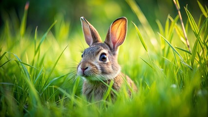 A cute rabbit blending into the tall green grass of a meadow, rabbit, grass, nature, wildlife, animal, cute, fluffy, green