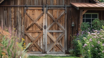 A rustic barn door with a weathered brown finish, adding charm to a countryside scene