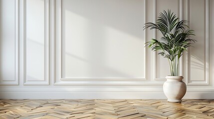 Poster - White classic wall background brown parquet floor home furniture detail frame and vase of plant : Generative AI