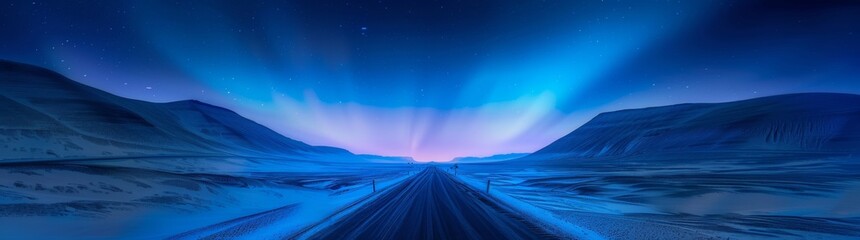 Surreal, sci-fi inspired digital landscape with a road under a night sky with vibrant blue and purple lights.