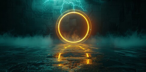 Wall Mural - An Abstract Modern Render of A 3D Yellow Tunnel with Neon Lights. Concept Abstract Art, Futuristic Design, 3D Rendering, Neon Lights, Yellow Tunnel.