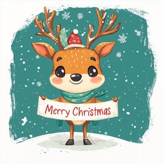 Wall Mural - Merry Christmas! The cute reindeer with banner in Christmas snow scene . christmas card