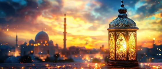 Ramadan Kareem Lantern with serene mosque background 