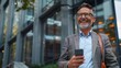 © Generative AI - Happy mature business man executive using mobile cell phone corporate tech outdoors Smiling handsome middle aged professional businessman holding cellphone looking away standing outsid : Generative AI