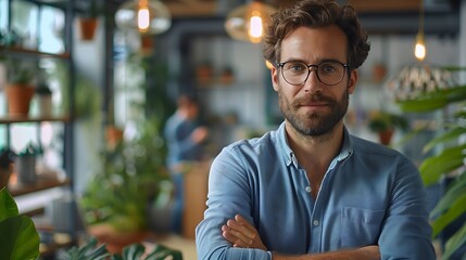 Poster - Portrait glasses and business man with arms crossed in startup office for pride in career or job Creative face and confident professional entrepreneur copywriter and employee coworking : Generative AI