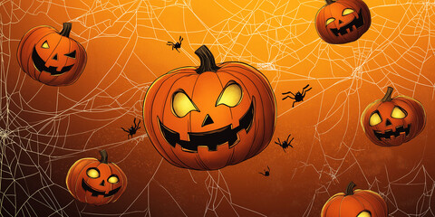 Wall Mural - Scary Pumpkin Face in Minimal Spider Web and Orange Gradient Background, Abstract Halloween Background