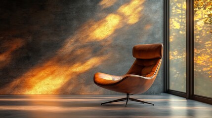 Luxurious brown desk chair with metal accents in a professional, vibrant room setup. Volumetric lighting enhances the photorealistic details, creating a magazine-style, high-end office environment.