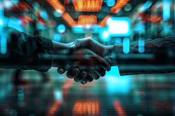 A powerful image capturing a handshake between two individuals in a modern, illuminated setting, symbolizing agreement, partnership, and mutual collaboration in a business context.