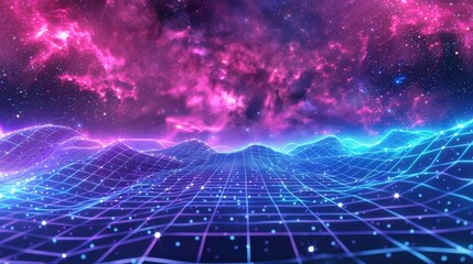 Wireframe net illustration. Abstract digital backdrop. Retro futurism 80s, 90s, cyber grid. Deep space surfaces. Neon lights glowing. Starry background. Modern 3D rendering.