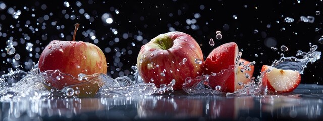 Fresh red apples splashing in water against a dark background