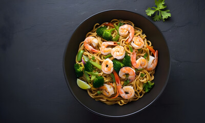 Steaming hot asian noodles with shrimp and vegetables in black bowl