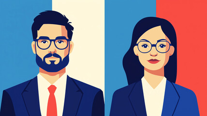 Professional vector portrait of businessman and businesswoman, minimalist vector style illustration
