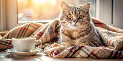 Wall Mural - Scottish cat displaying a relaxed morning mood in a cozy setting , morning, mood, Scottish, cat, pet, furry, relax, sleep