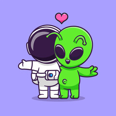 Wall Mural - cute astronaut and alien couple together cartoon vector icon illustration science technology icon co