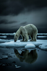 solitary polar bear on floating icebergs in arctic waters during twilight