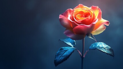 A single rose with a blue stem and green leaves