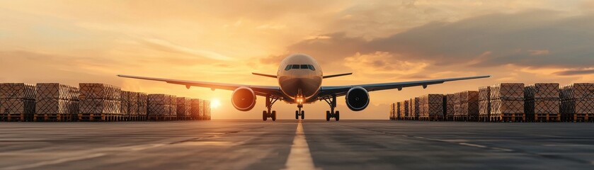 A stunning aircraft on the runway at sunset, surrounded by cargo containers, symbolizing transport and global commerce.