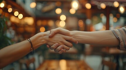 Aufkleber - Business people meeting and handshake at cafe for introduction onboarding and remote work opportunity B2b worker or clients shaking hands at coffee shop of group project deal interview : Generative AI