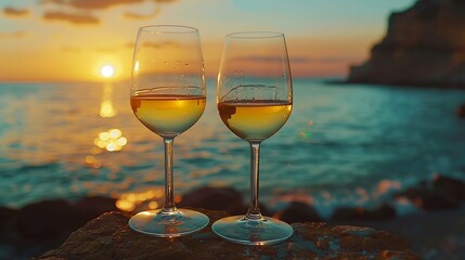 Romantic outdoor evening with two glasses of white wine and beautiful sunset on the sea beach at background Italy Sicily evening time summer : Generative AI