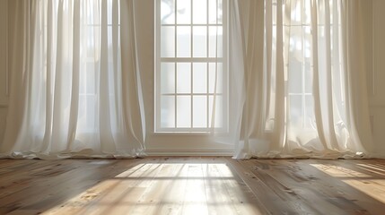 Aufkleber - Backlit window with white curtains in empty room : Generative AI