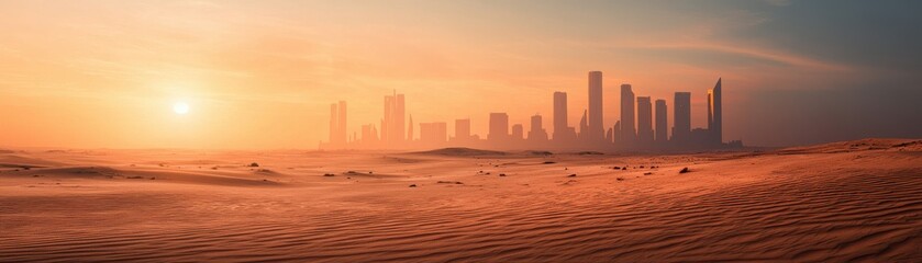 A stunning desert landscape at sunset with a modern city skyline in the background, showcasing harmony between nature and architecture.